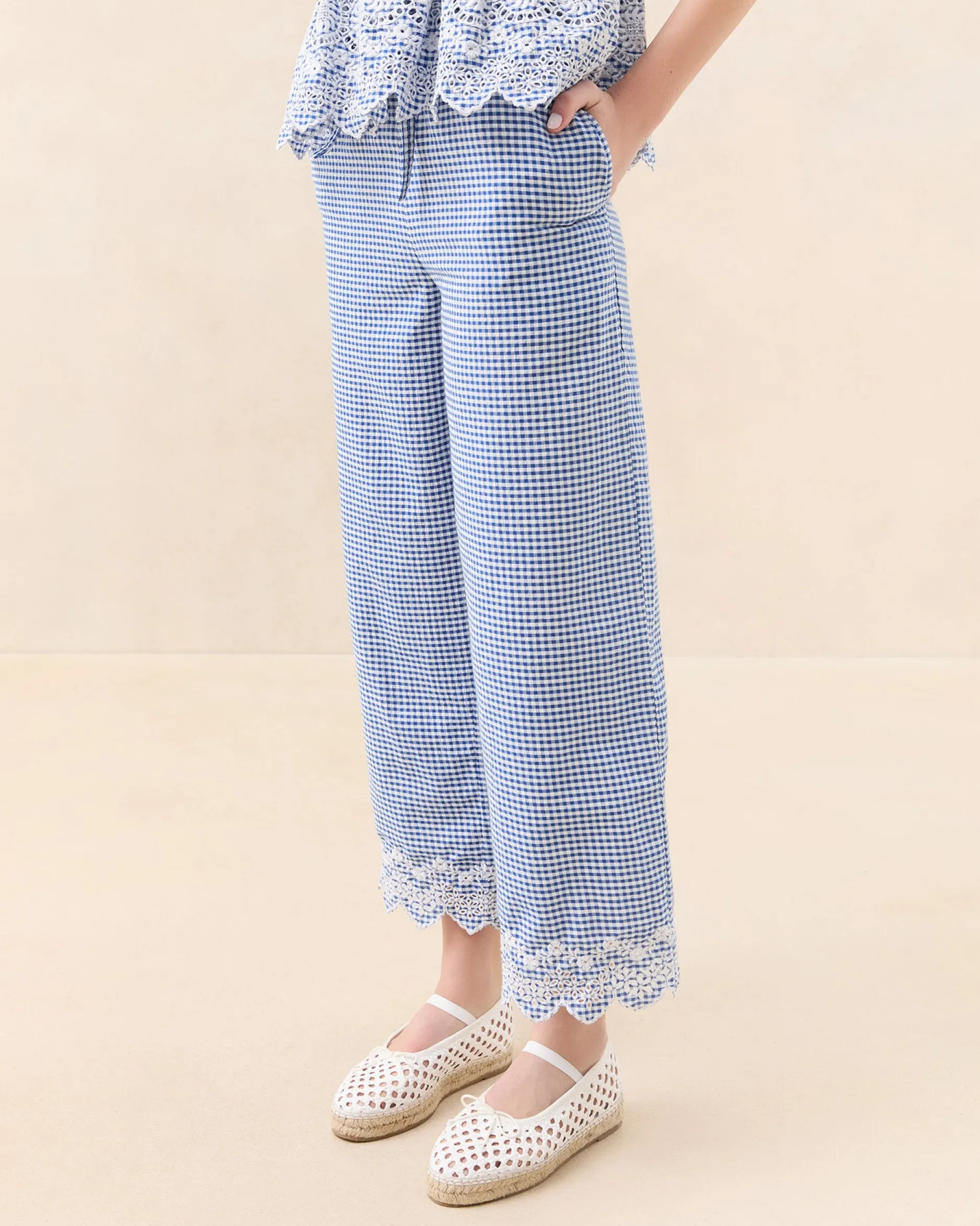 Loeffler Randall Blake Blue Gingham Embroidered Pant| Matching Sets|Bottoms