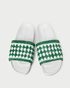 Loeffler Randall Henri Green/White Crochet Raffia Sandal| Flat Sandals