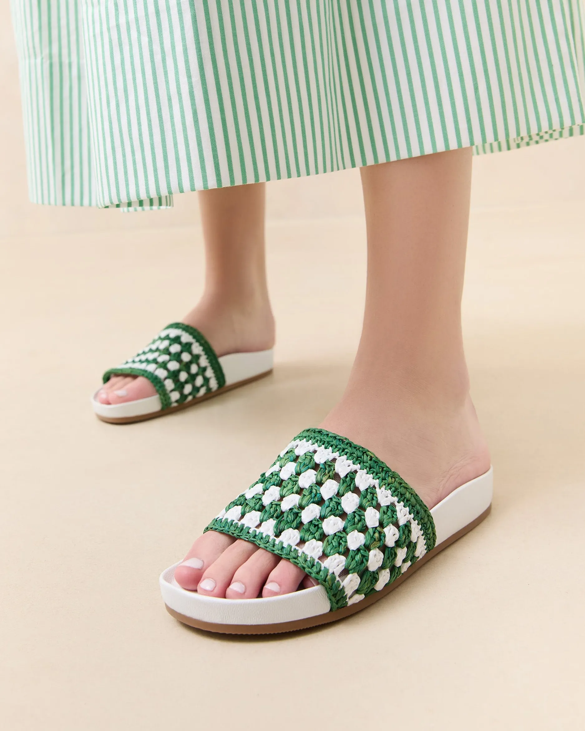 Loeffler Randall Henri Green/White Crochet Raffia Sandal| Flat Sandals
