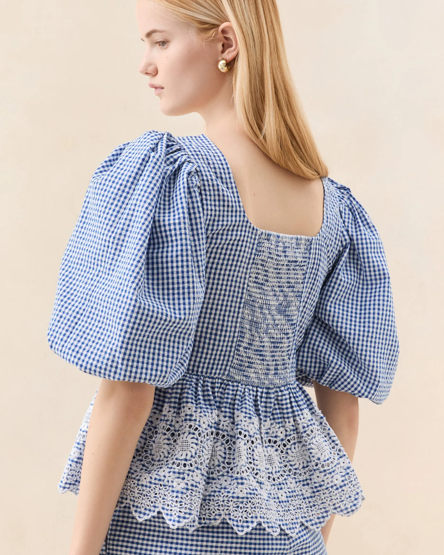 Loeffler Randall Jodie Blue Gingham Embroidered Top| Matching Sets|Tops