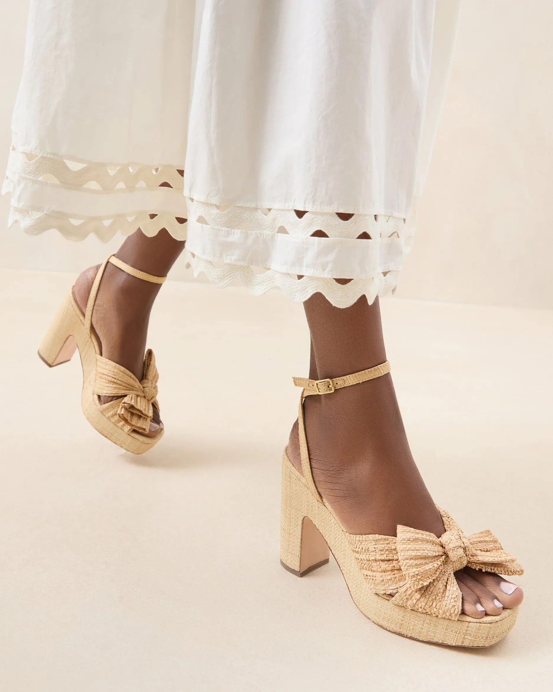 Loeffler Randall Lucia Natural Pleated Bow Platform| Heeled Sandals