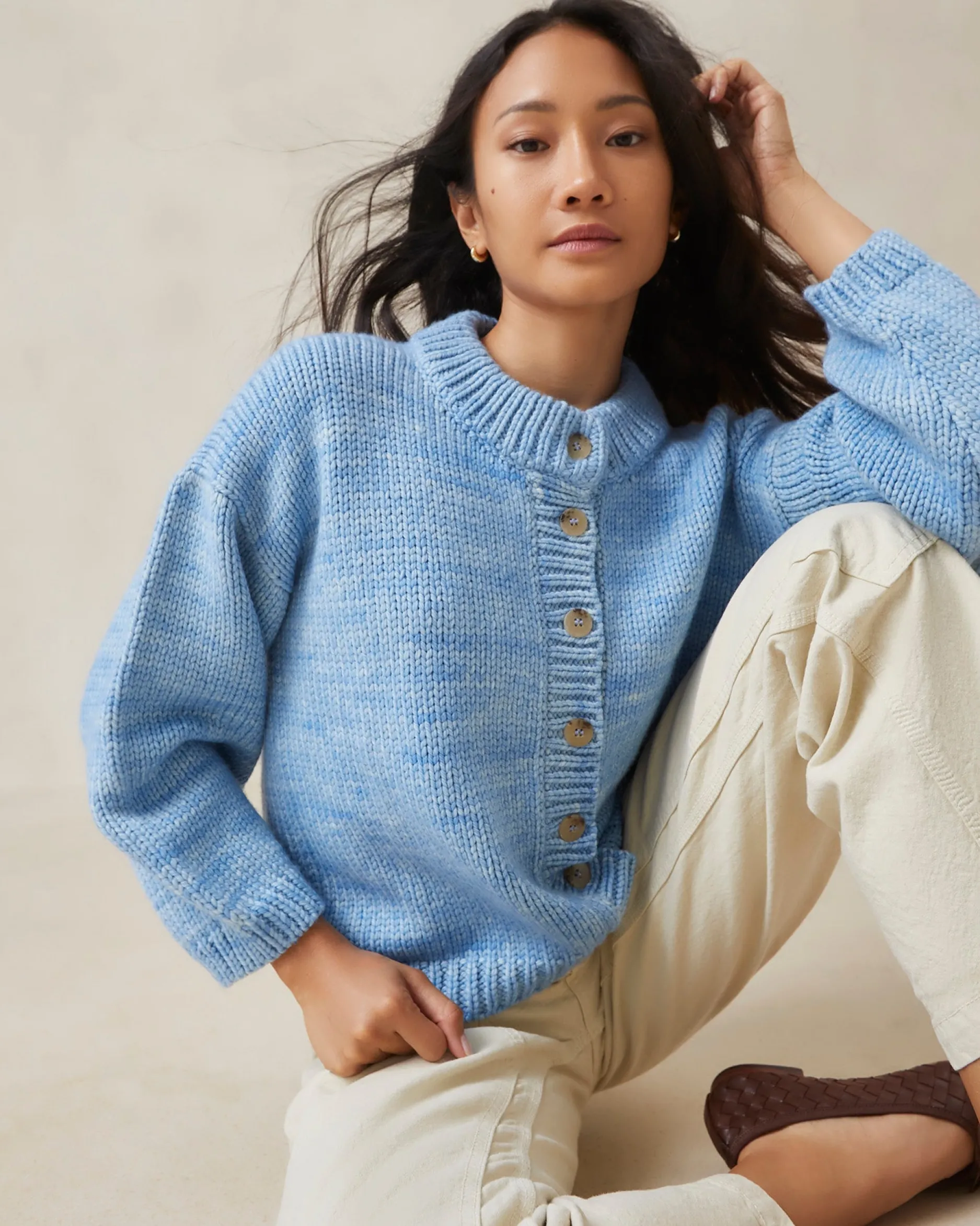 Loeffler Randall Maddie Blue Mock Neck Cardigan| Knitwear